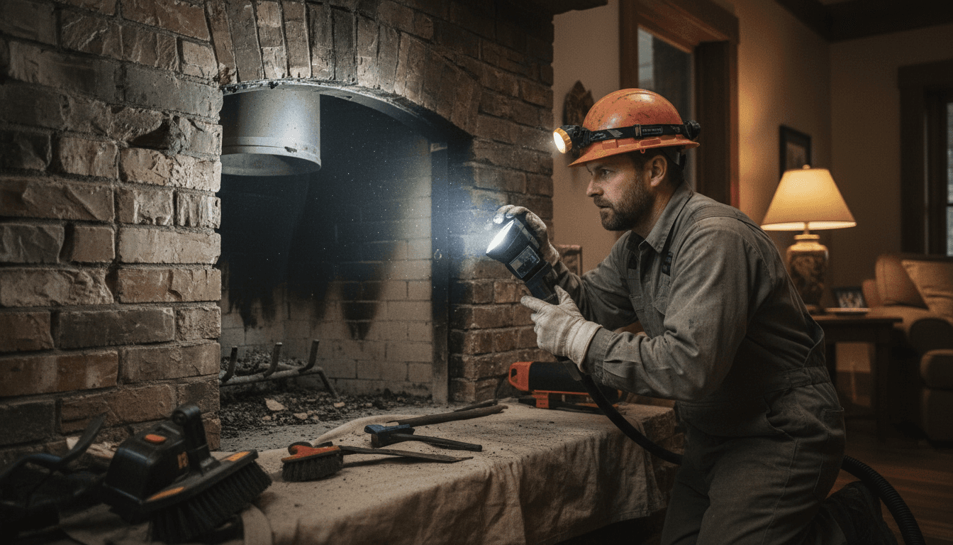 Technician looking up a brick chimney with a flashlight during inspection