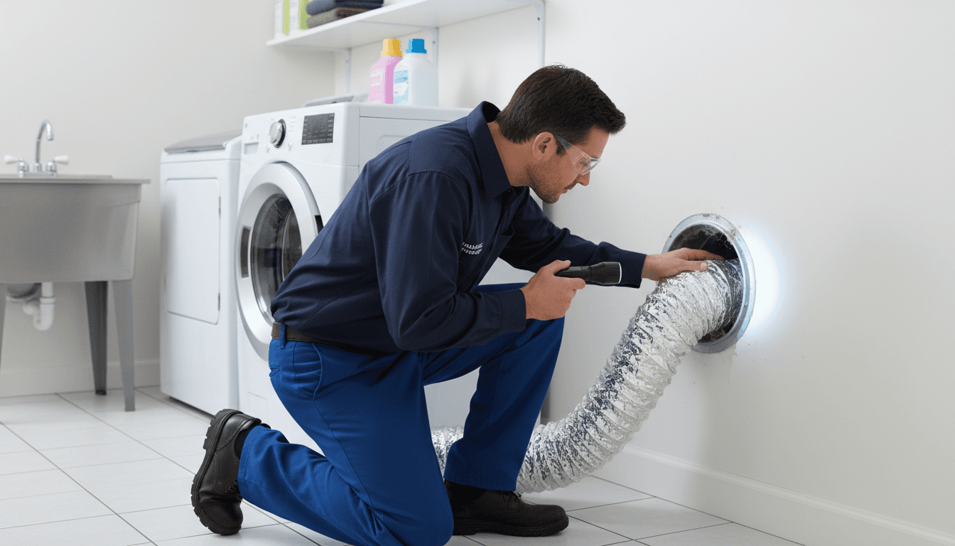 Technician inspecting a dryer vent opening in a laundry room