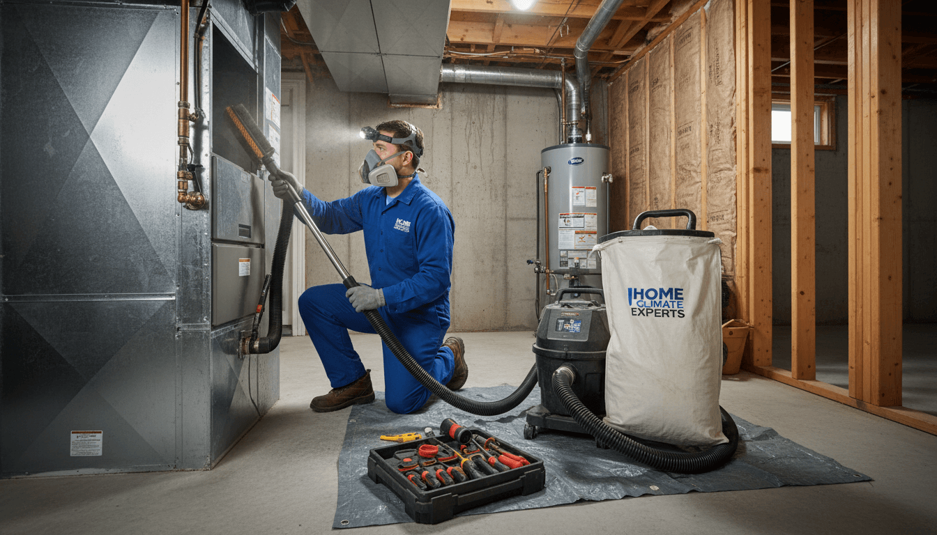 HVAC technician in work gear cleaning an air duct system