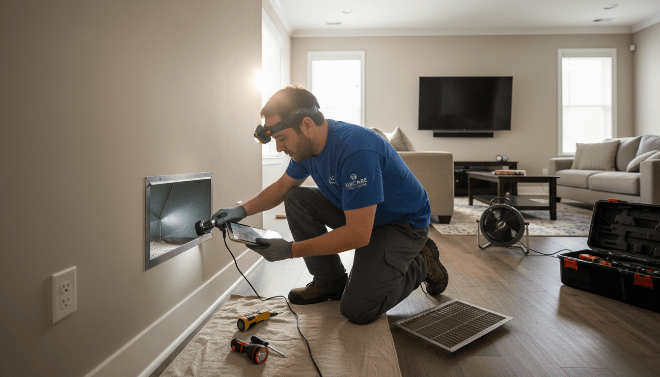 HVAC technician in blue gloves looking into an open air duct vent in a home