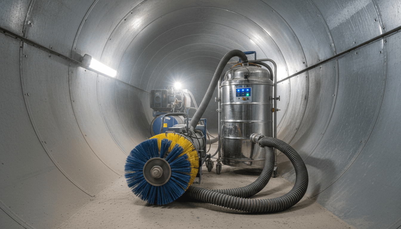 Close-up of a rotating brush and vacuum hose used for air duct cleaning
