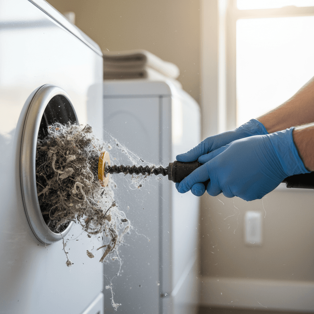 Technician cleaning a dryer vent hose in a modern laundry room