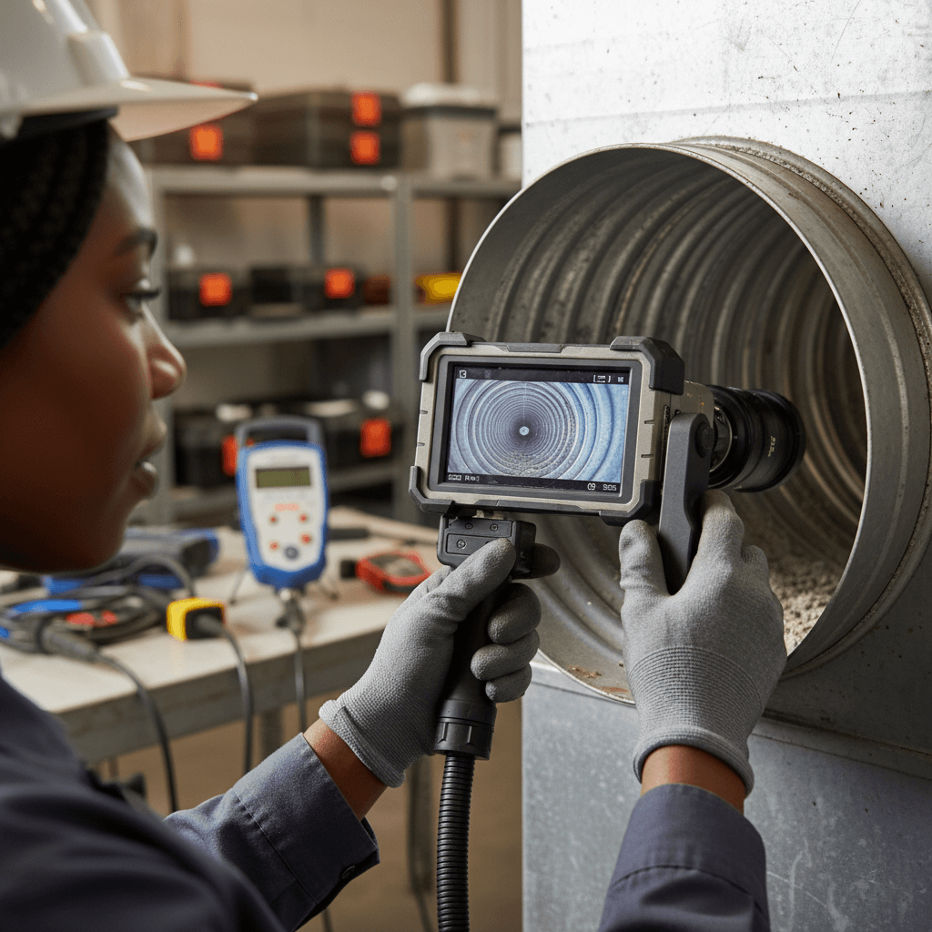 HVAC technician inspecting a clean air duct system