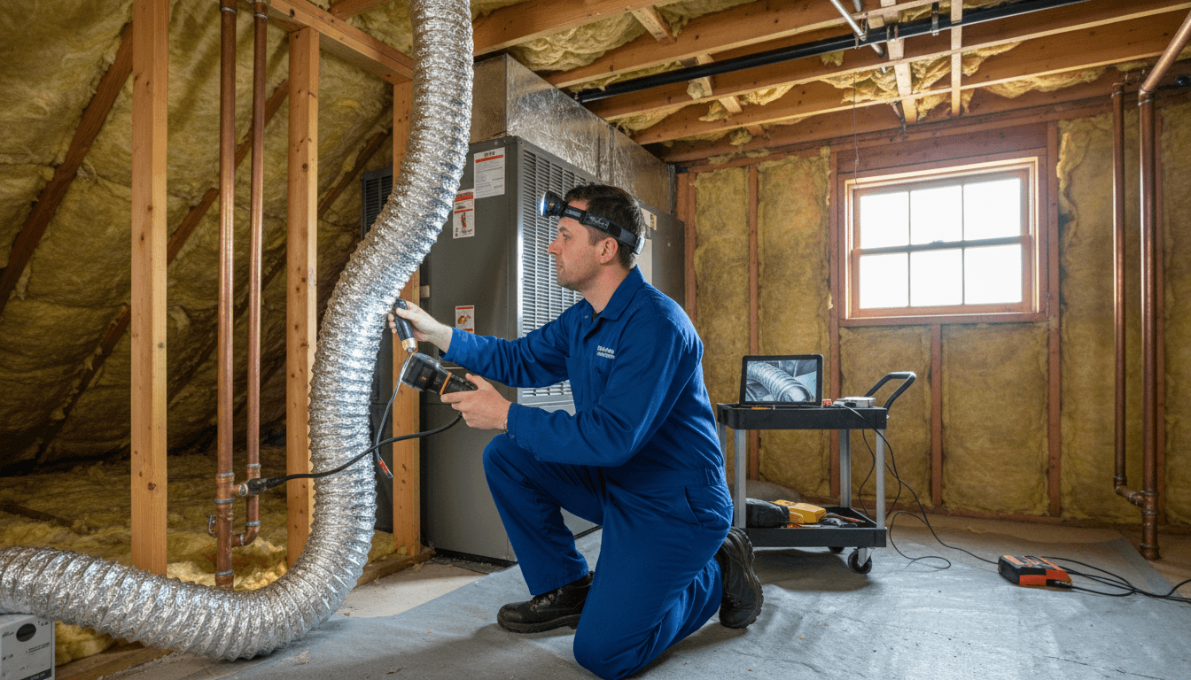 Technician inspecting an air duct system with a flashlight in a home