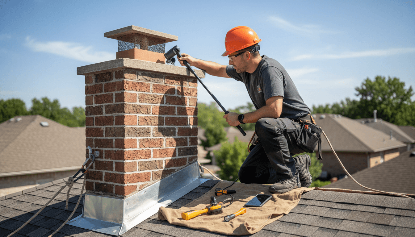 Professional chimney sweep cleaning a brick fireplace with a brush and vacuum