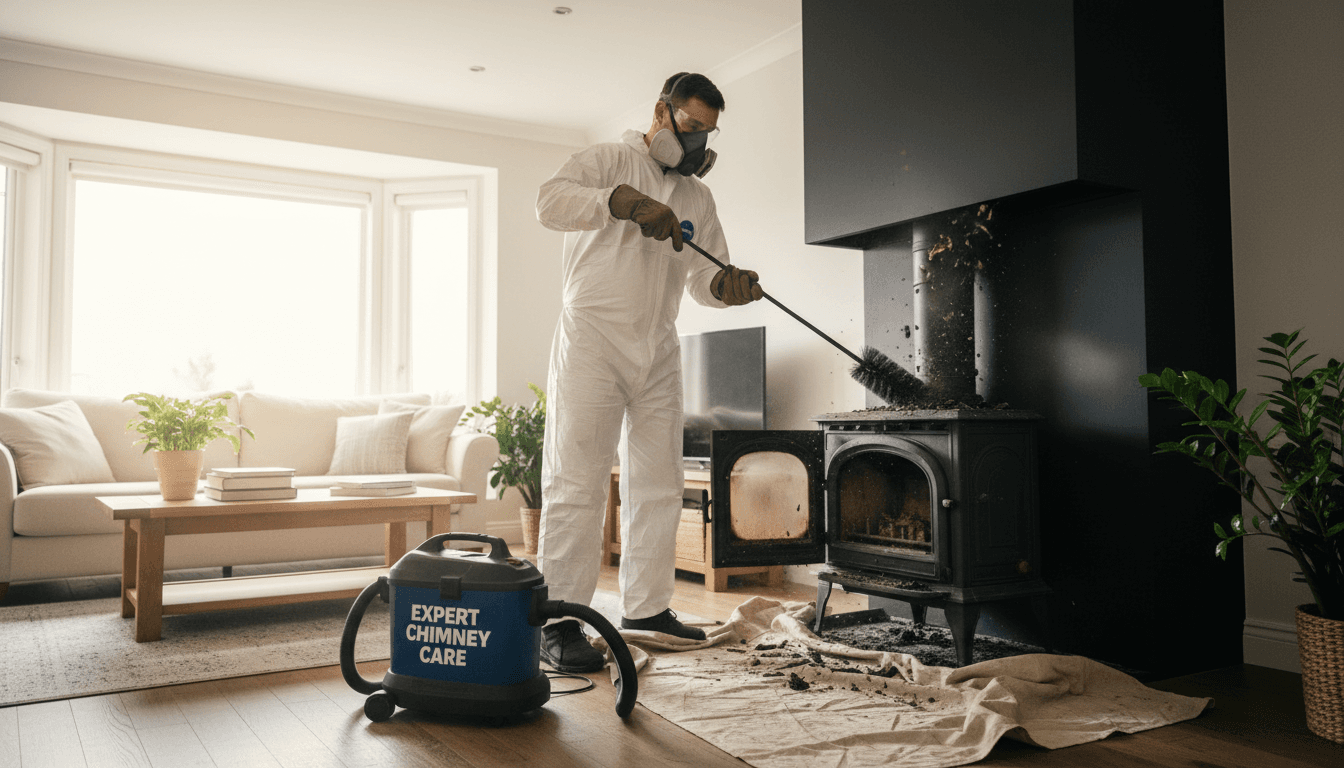 Professional chimney sweep cleaning a fireplace