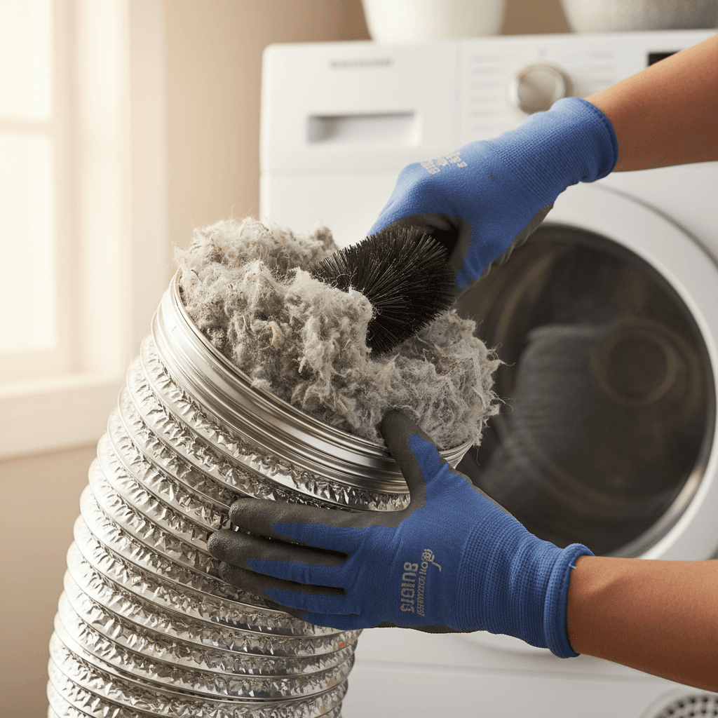 Technician in work gloves inspecting an exterior dryer vent cover