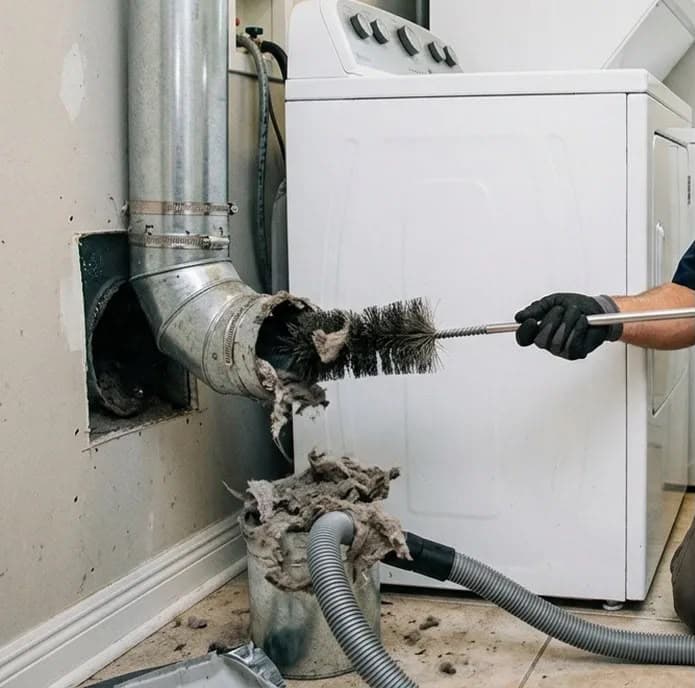 Gloved hand removes thick lint from a metal dryer vent pipe using a brush.