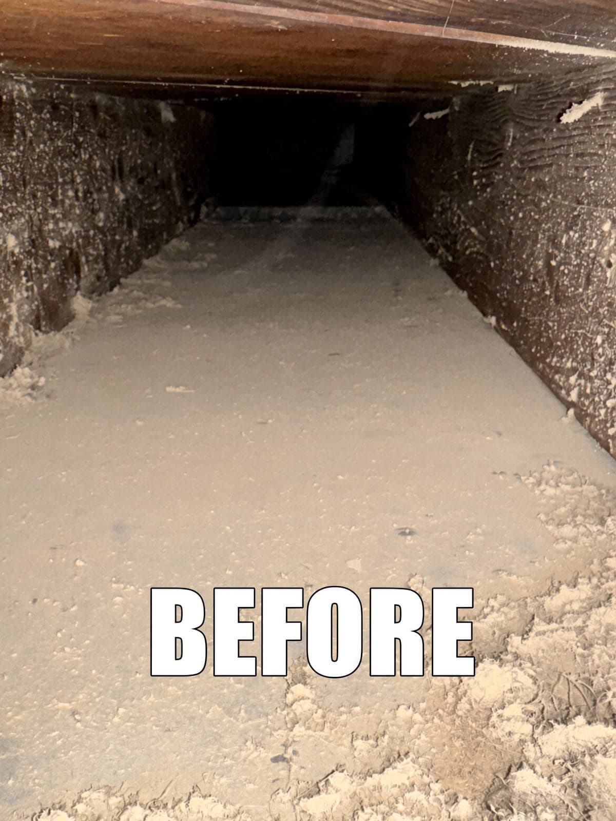Dark air duct heavily coated in thick dust and debris with BEFORE text overlay.