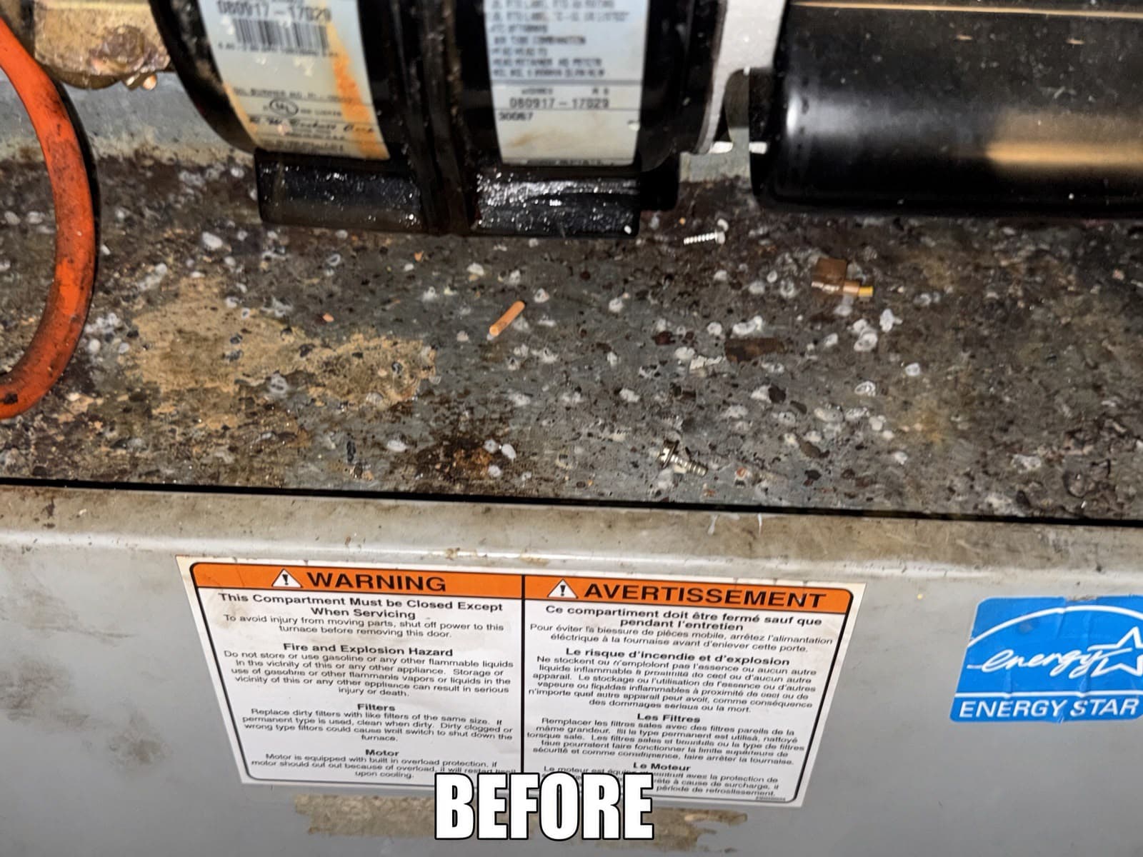 Dirty furnace interior with dust, debris, warning labels, and 'BEFORE' text overlay at bottom.