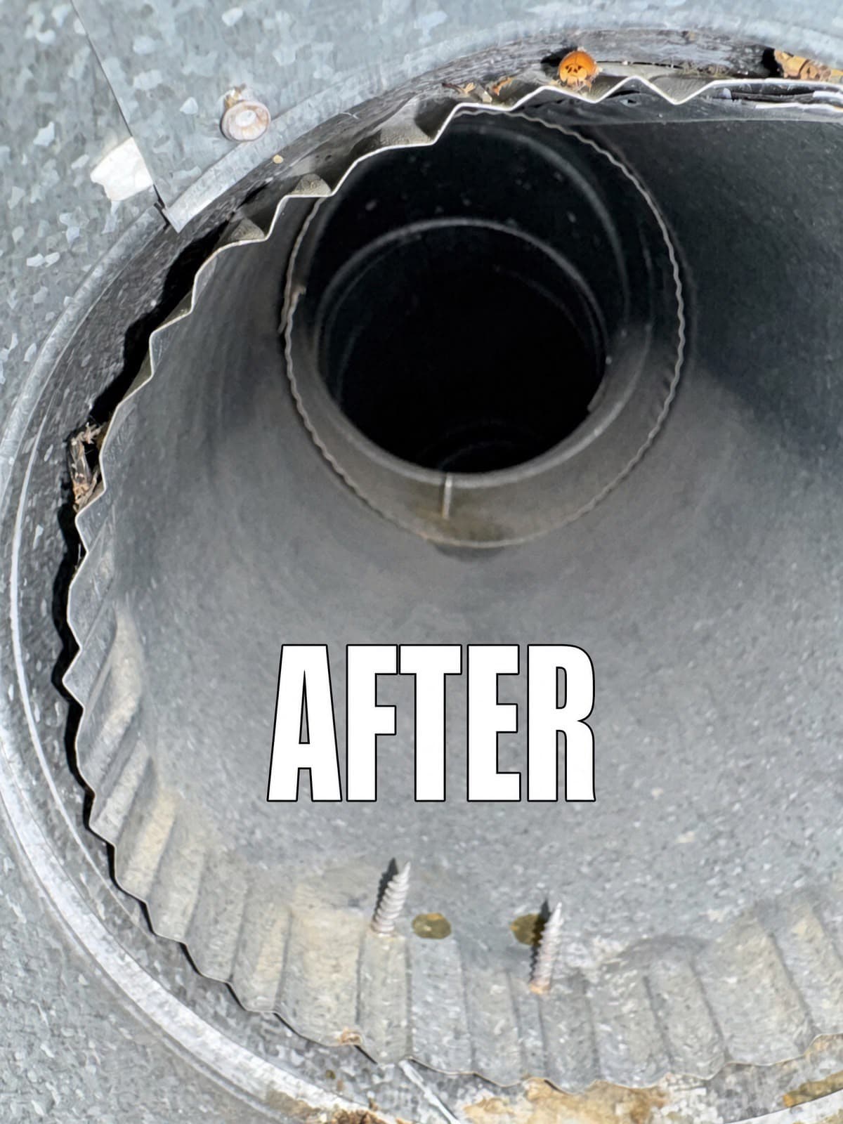 Clean galvanized metal air duct interior with corrugated edges, screws, and "AFTER" text overlay.