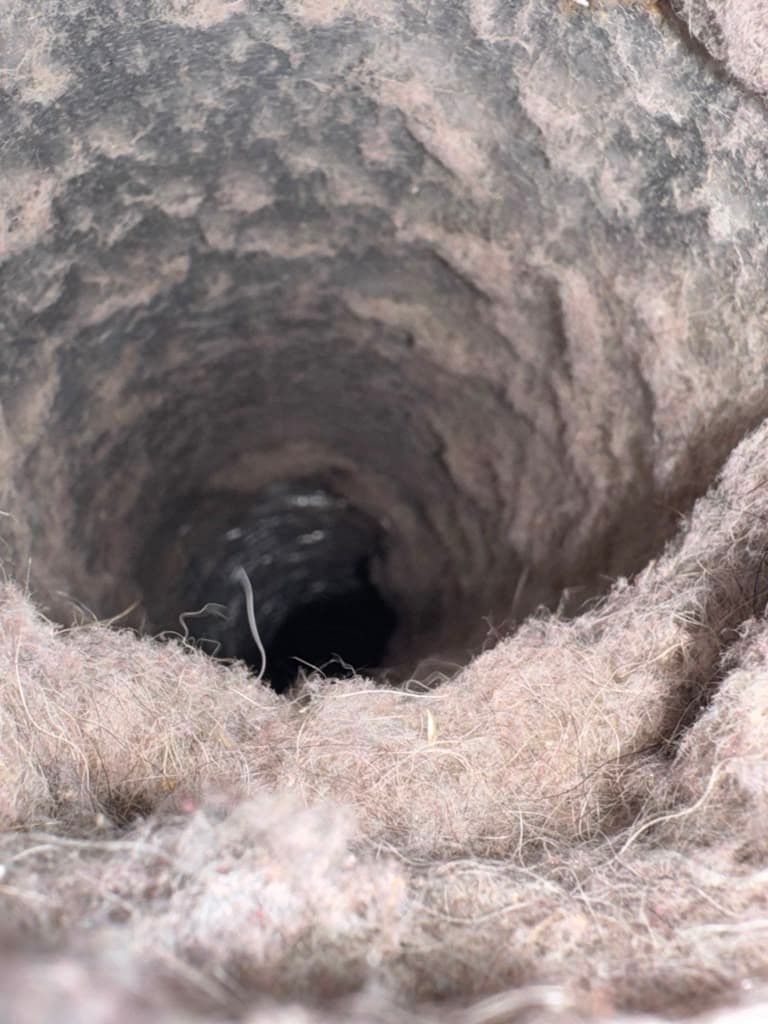 Deep cylindrical dryer vent heavily lined with thick, fuzzy grey lint and accumulated dust.